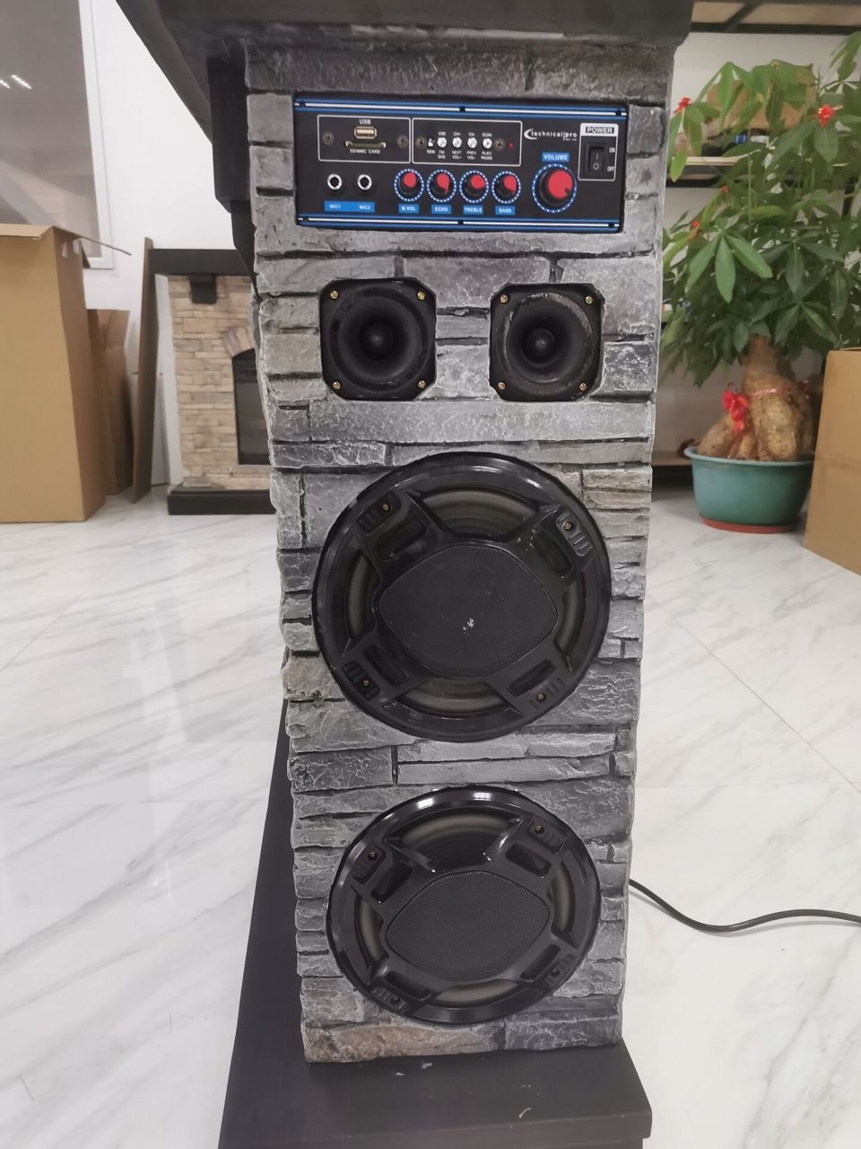 Stone Looking Fireplace Mantle Speaker System - Dark Gray