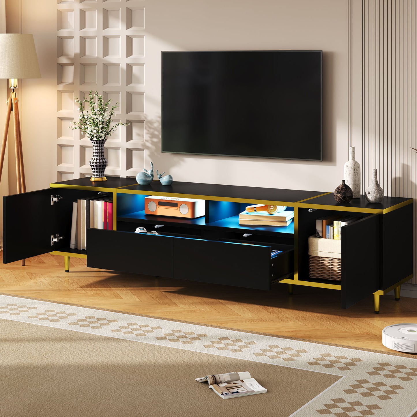 TV Stand For TVs Up To 80", Entertainment Center With 2 Shelves And LED Lights