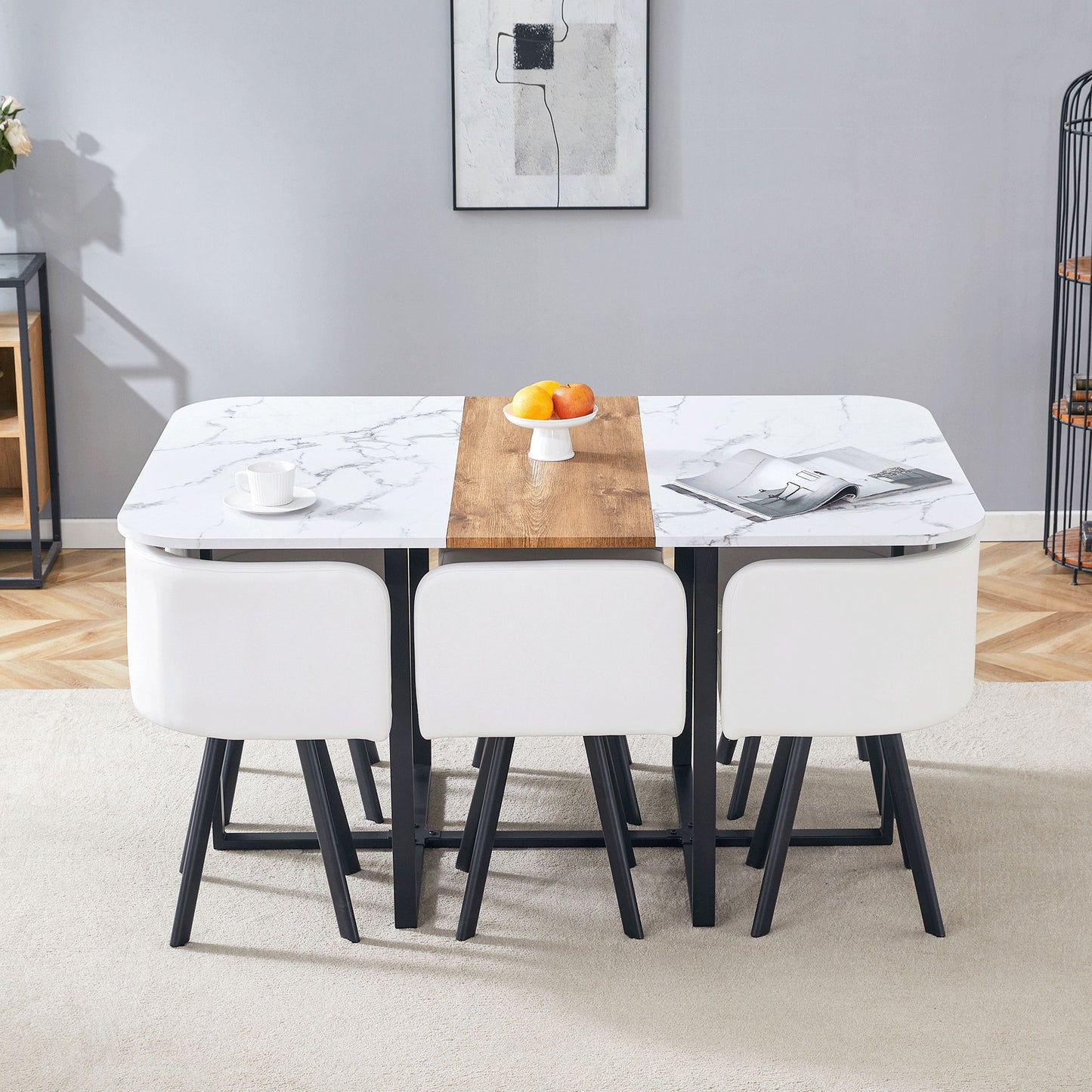 Modern Minimalist Marble Pattern Joinery Dining Table With Dining Chairs