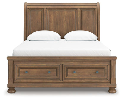 Feddinger - 3 Pc. - Queen Sleigh Storage Bed, Dresser And Mirror - Medium Brown