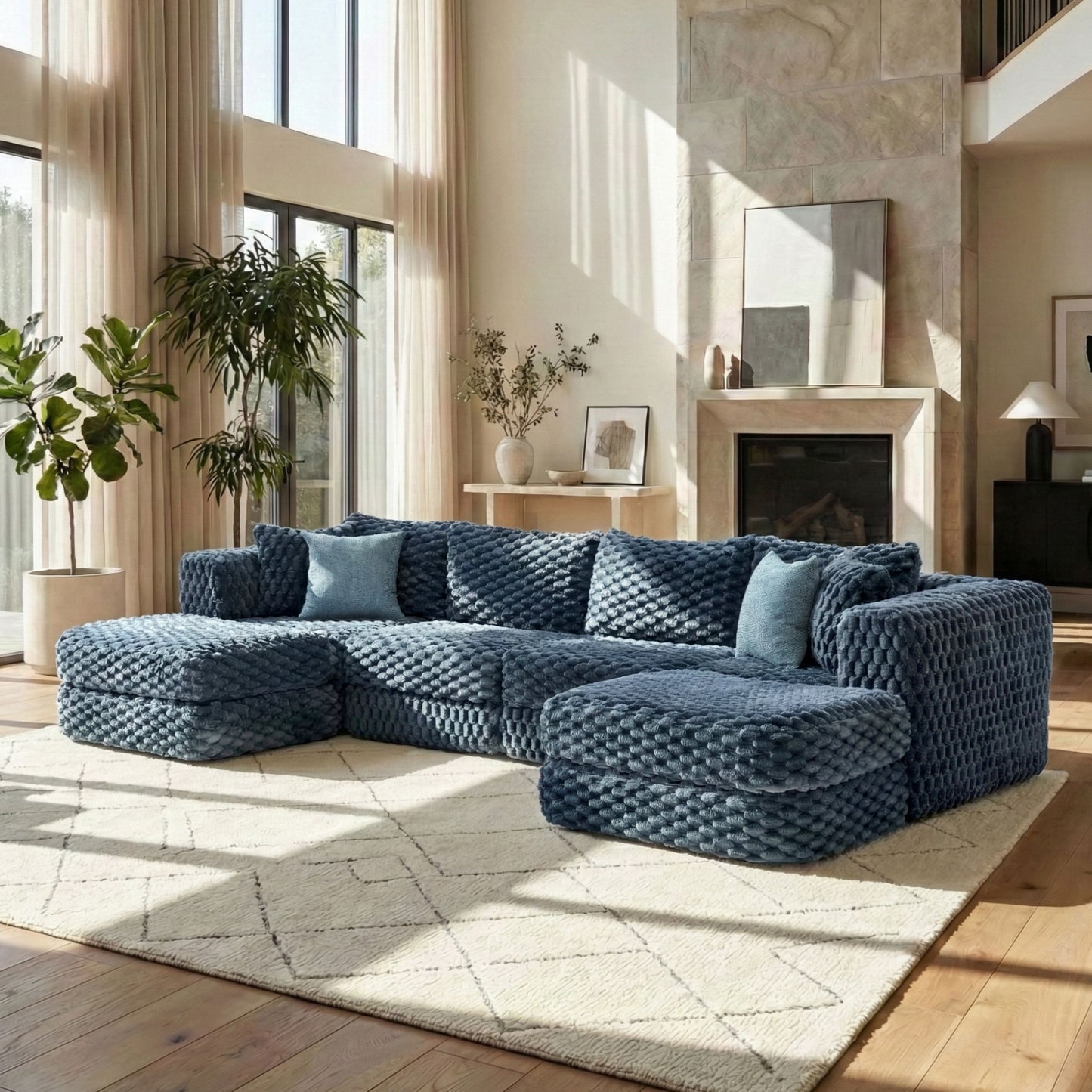 Modular Sectional Sofa, Boneless Couch With 2 Movable Ottomans
