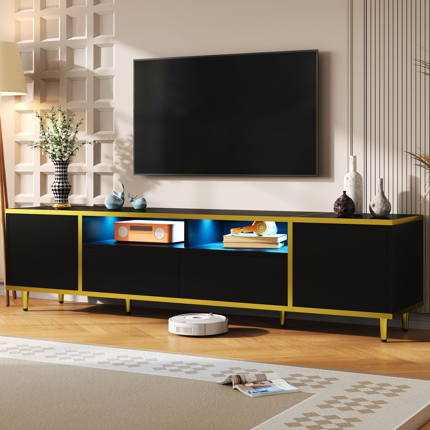 TV Stand For TVs Up To 80", Entertainment Center With 2 Shelves And LED Lights