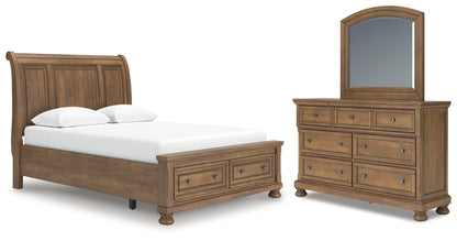 Feddinger - 3 Pc. - Queen Sleigh Storage Bed, Dresser And Mirror - Medium Brown