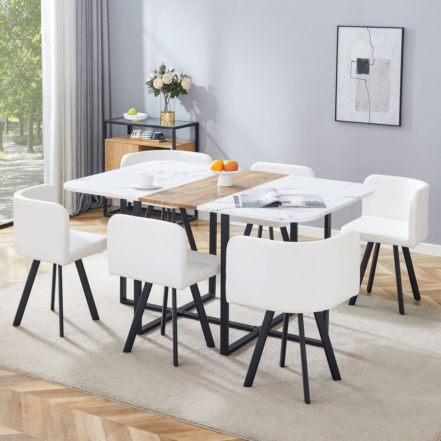 Modern Minimalist Marble Pattern Joinery Dining Table With Dining Chairs