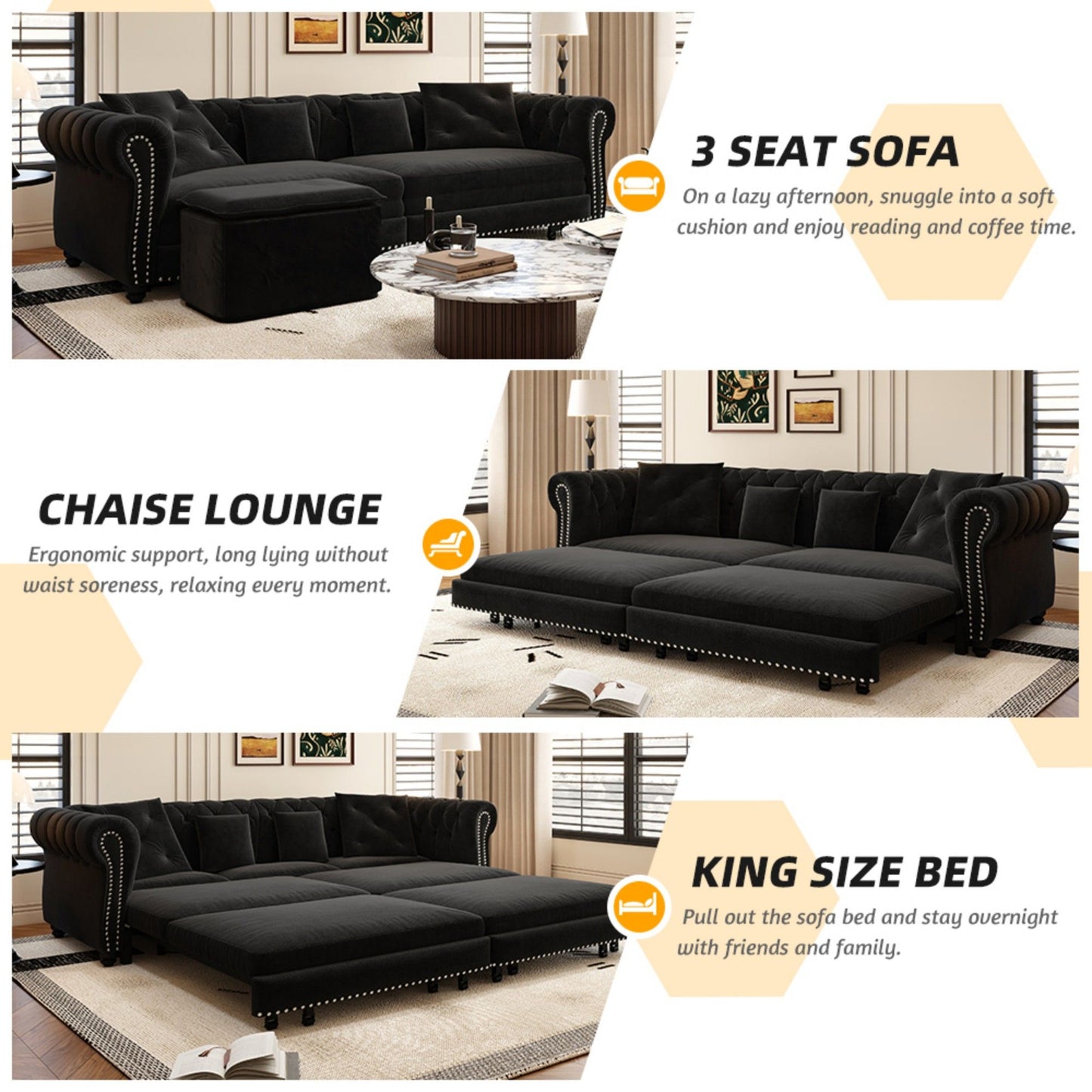 3 In 1 Convertible Sleeper Sofa Bed With Movable Ottoman