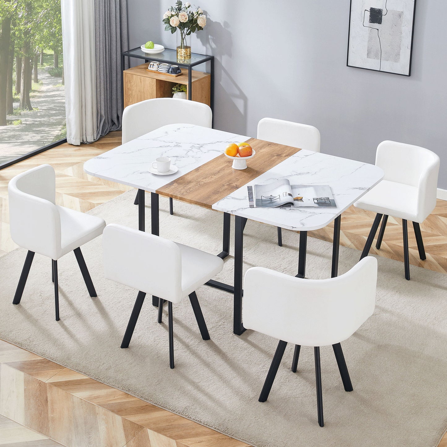 Modern Minimalist Marble Pattern Joinery Dining Table With Dining Chairs
