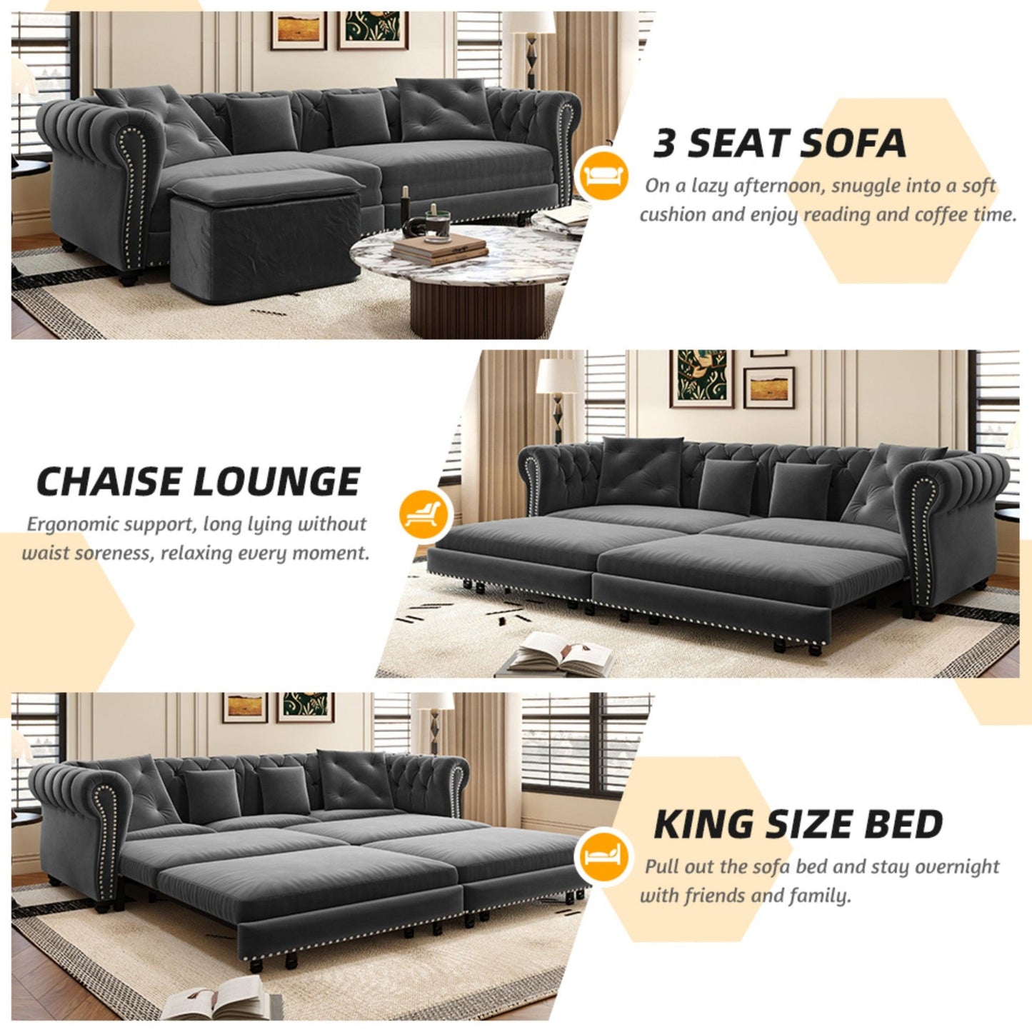 3 In 1 Convertible Sleeper Sofa Bed With Movable Ottoman