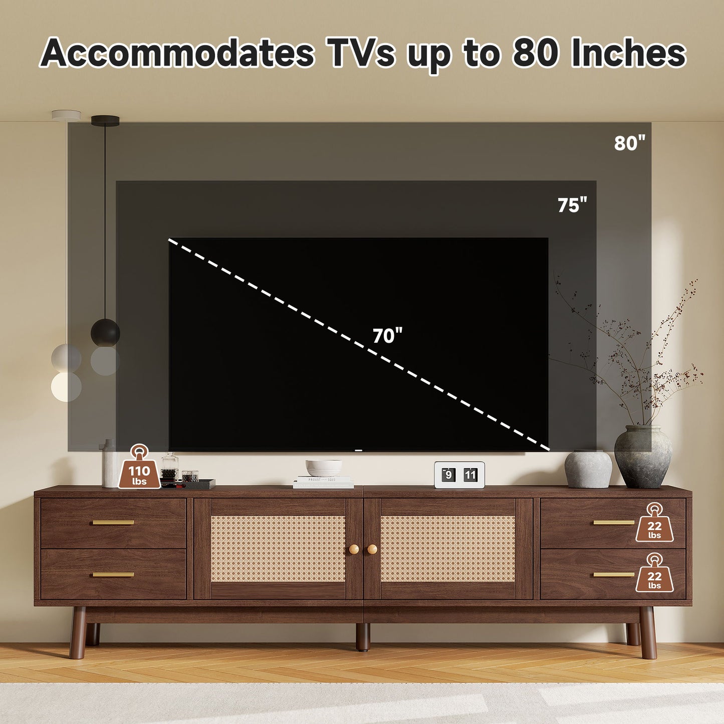 70" TV Stand With Doors For TVs Up To 80", Media Console With 4 Drawers & Cable Holes - Dark Brown