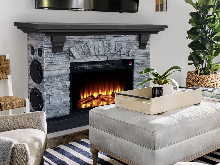 Stone Looking Fireplace Mantle Speaker System - Dark Gray